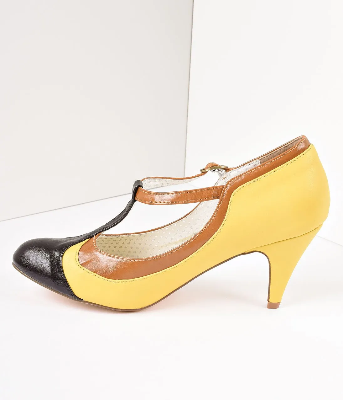 Yellow Tricolor Leatherette T-Strap Pumps