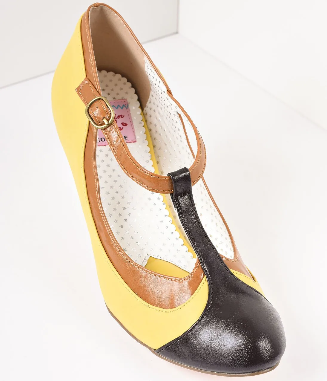 Yellow Tricolor Leatherette T-Strap Pumps